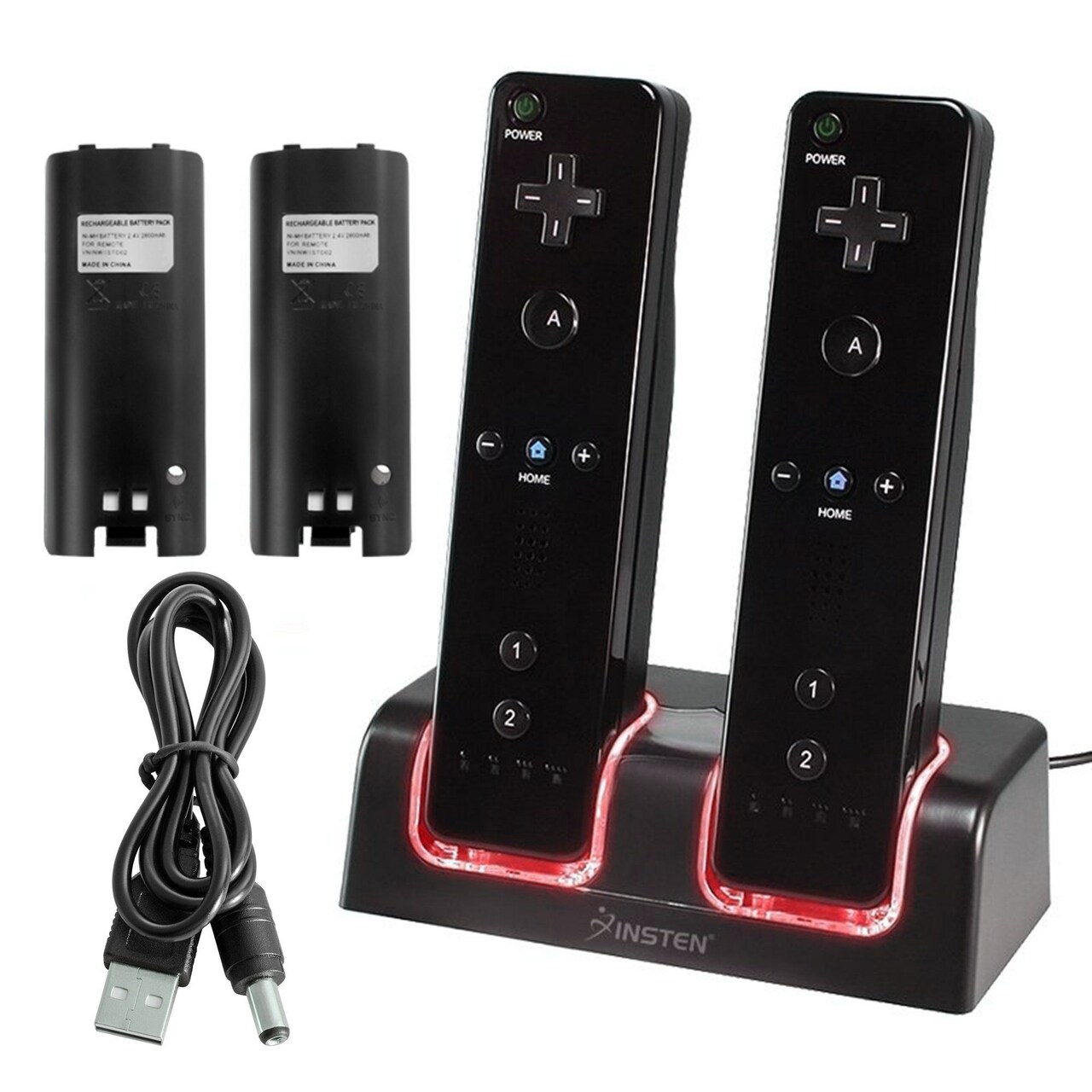 2-Pack Rechargeable Batteries for Nintendo Wii / Wii U Controller with Dual Ports Charging Station Cradle Dock, Black by Insten